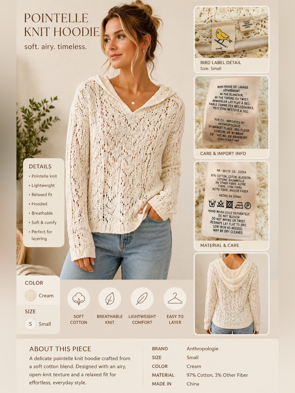 Yellow Bird by Anthropologie Cream Hooded Open Knit Sweater Small